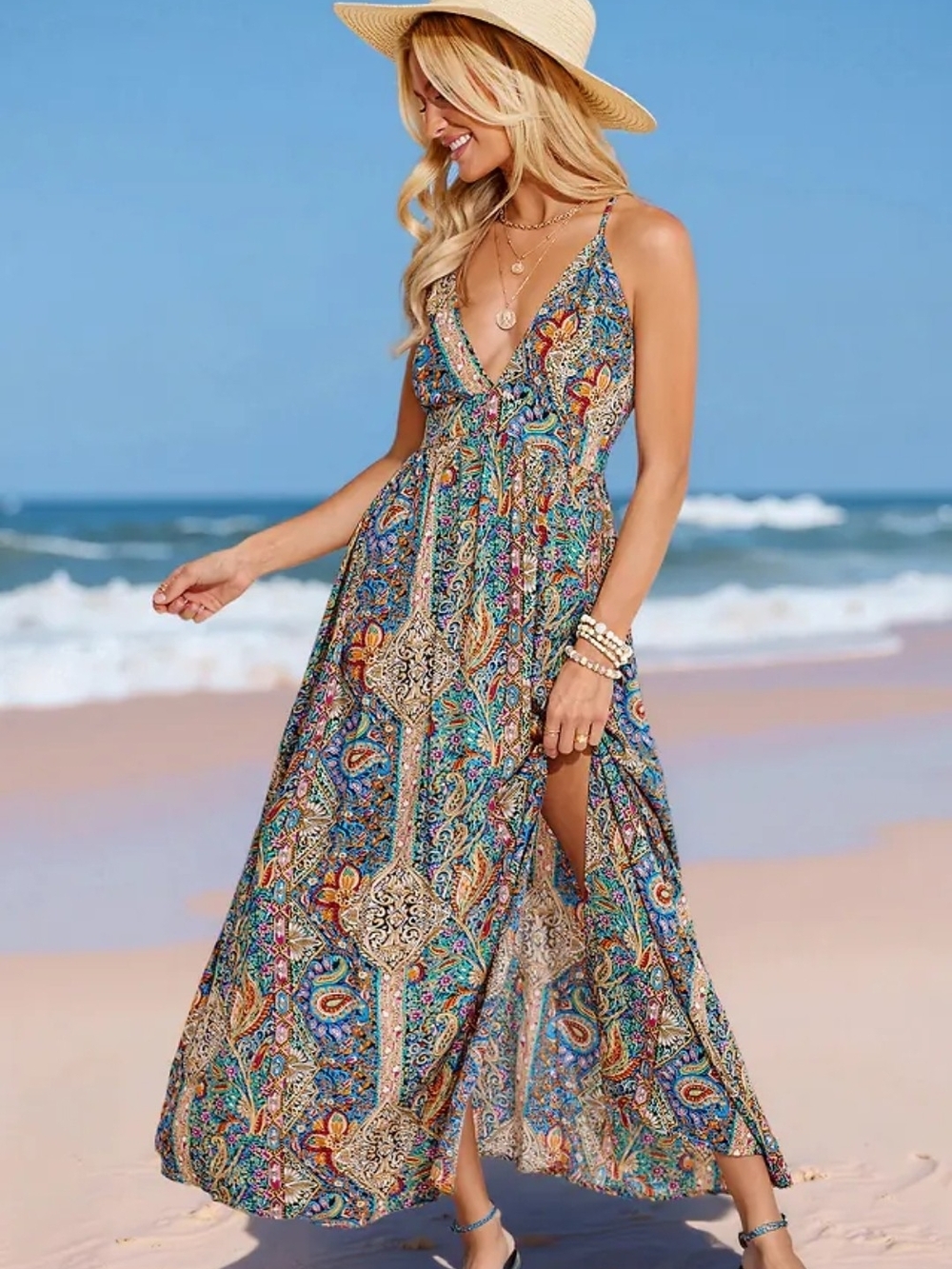 NWT Women's Boho Paisley Plunging V-Neck Front Slit Maxi Beach Dress Size S